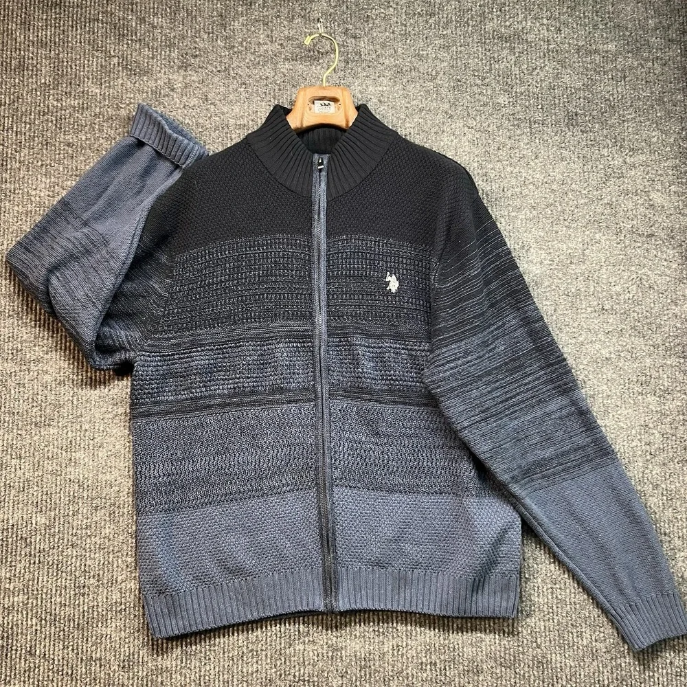 US‎ Polo Assn Knit Sweater Mens XL Mock Neck Long Sleeve Full Zip Black Blue